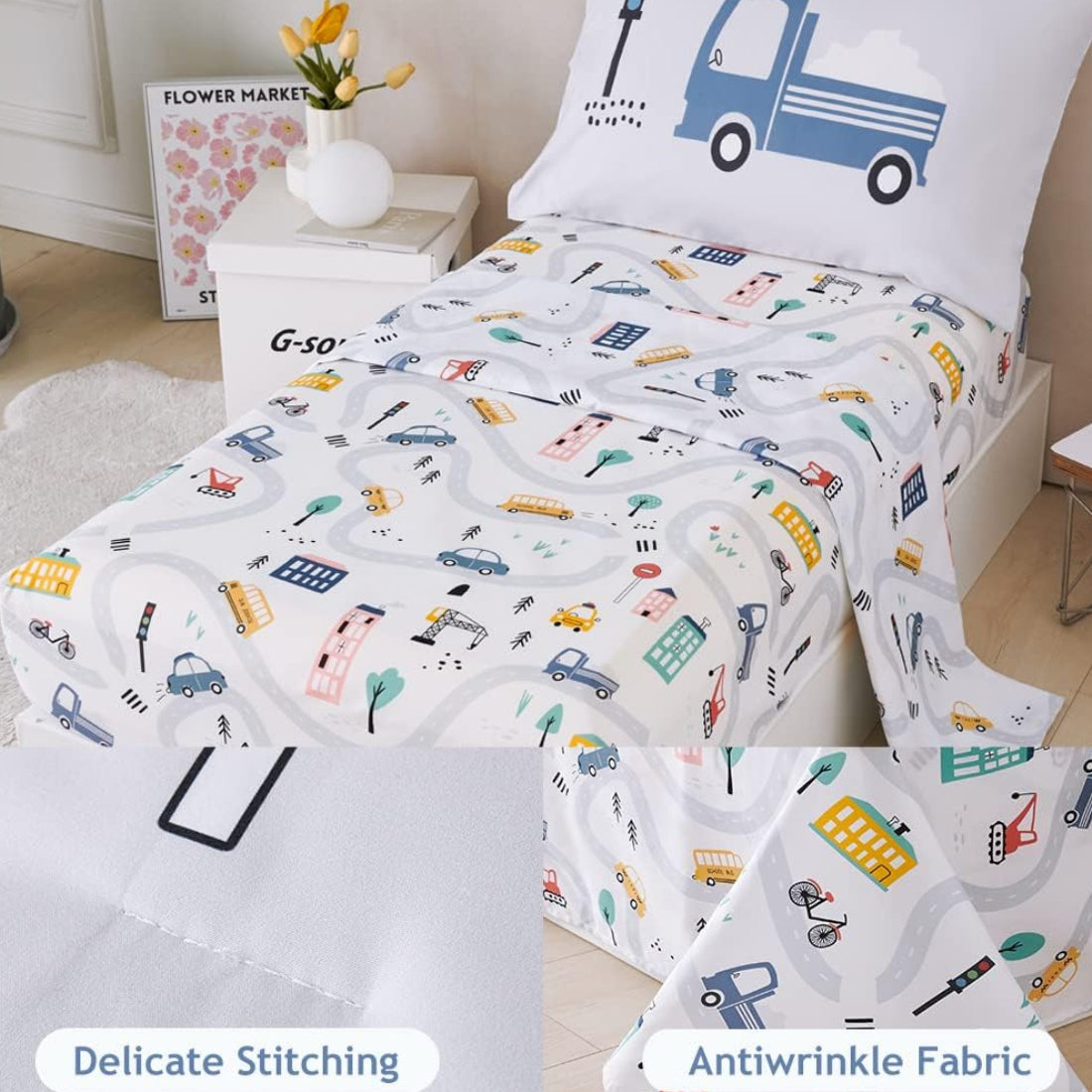 Dluxe Ave. ( TODDLER ) 4 Pcs Comforter and Bedding Set, Light Grey Taxis/Bus/Trucks