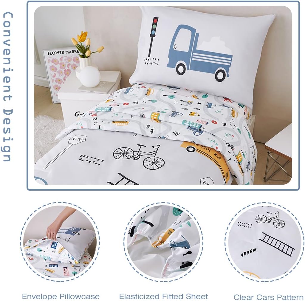 Dluxe Ave. ( TODDLER ) 4 Pcs Comforter and Bedding Set, Light Grey Taxis/Bus/Trucks
