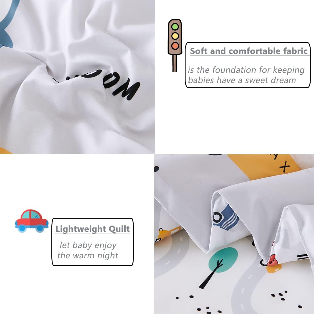 Dluxe Ave. ( TODDLER ) 4 Pcs Comforter and Bedding Set, Light Grey Taxis/Bus/Trucks