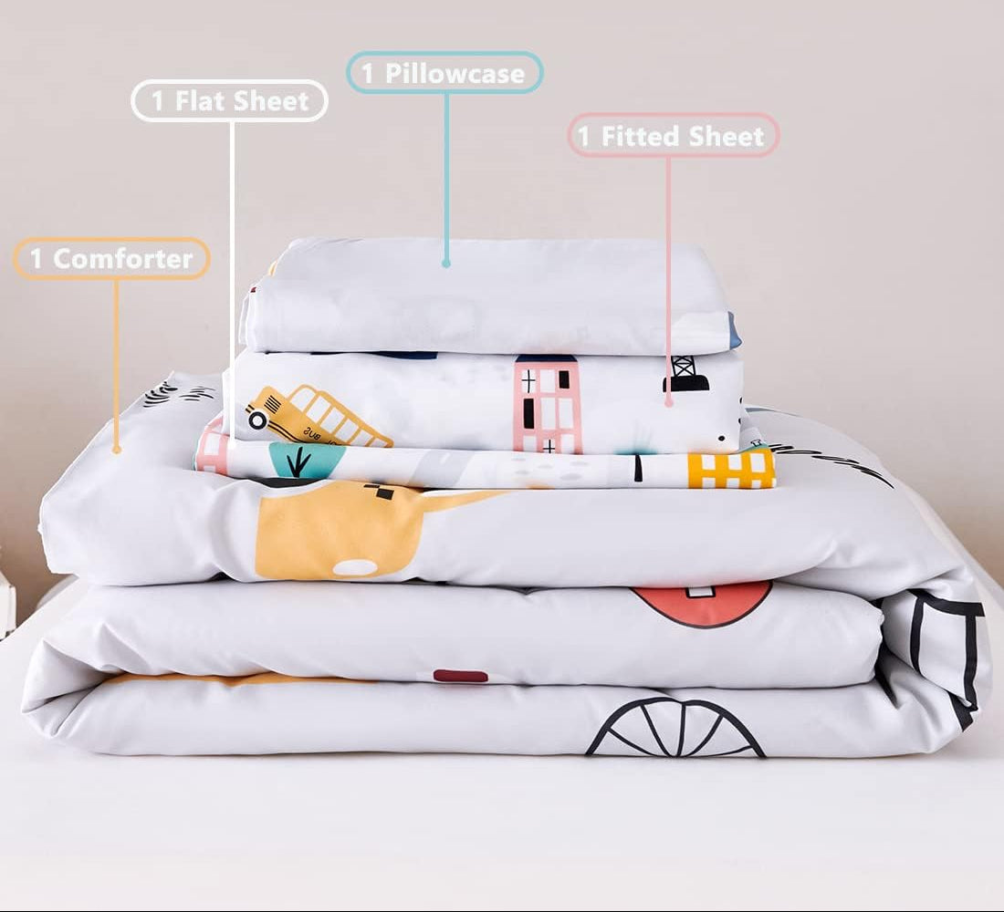 Dluxe Ave. ( TODDLER ) 4 Pcs Comforter and Bedding Set, Light Grey Taxis/Bus/Trucks