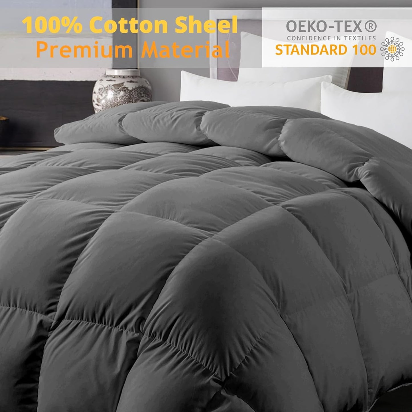 Dluxe Ave. ( TWIN ) Comforter Filled with Feather & Down fiber All Season/ Luxurious Hotel Style Bedding/ Ultra Soft 100% Cotton/ Grey 68x90 Inch