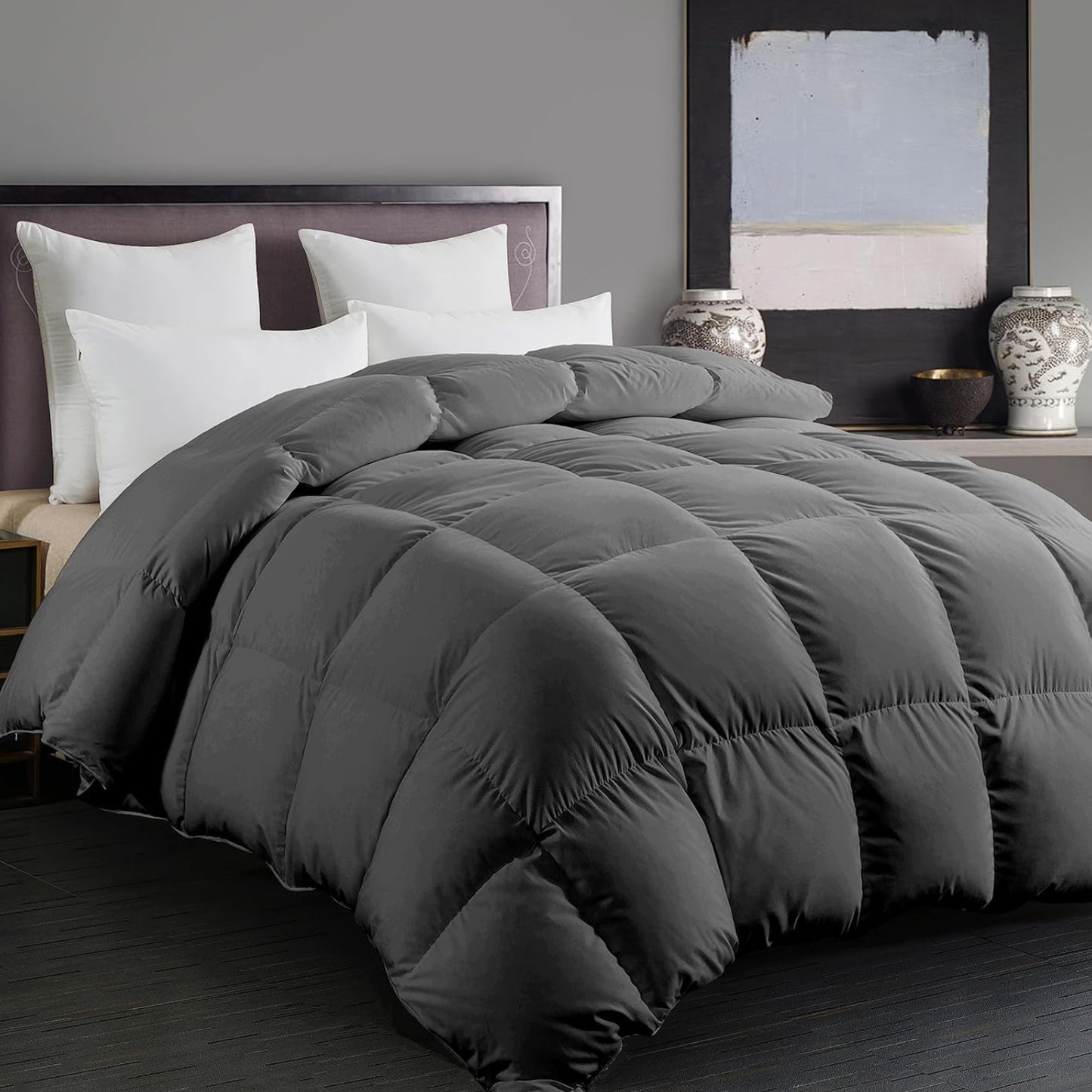Dluxe Ave. ( TWIN ) Comforter Filled with Feather & Down fiber All Season/ Luxurious Hotel Style Bedding/ Ultra Soft 100% Cotton/ Grey 68x90 Inch