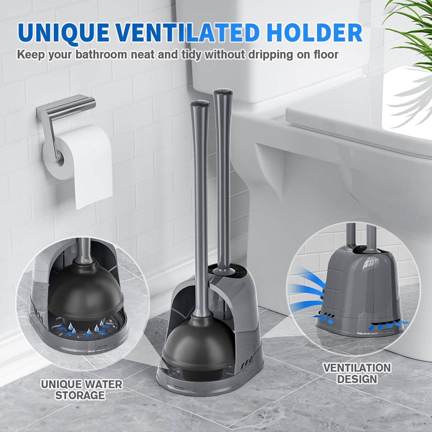 Dluxe Ave. Toilet Plunger and Brush Silicone Bowl Brush and Heavy Duty Toilet Plunger Set with Ventilated Holder 2-in-1 Toilet Brush and Plunger Combo for Bathroom Cleaning (Gray 1 Set)
