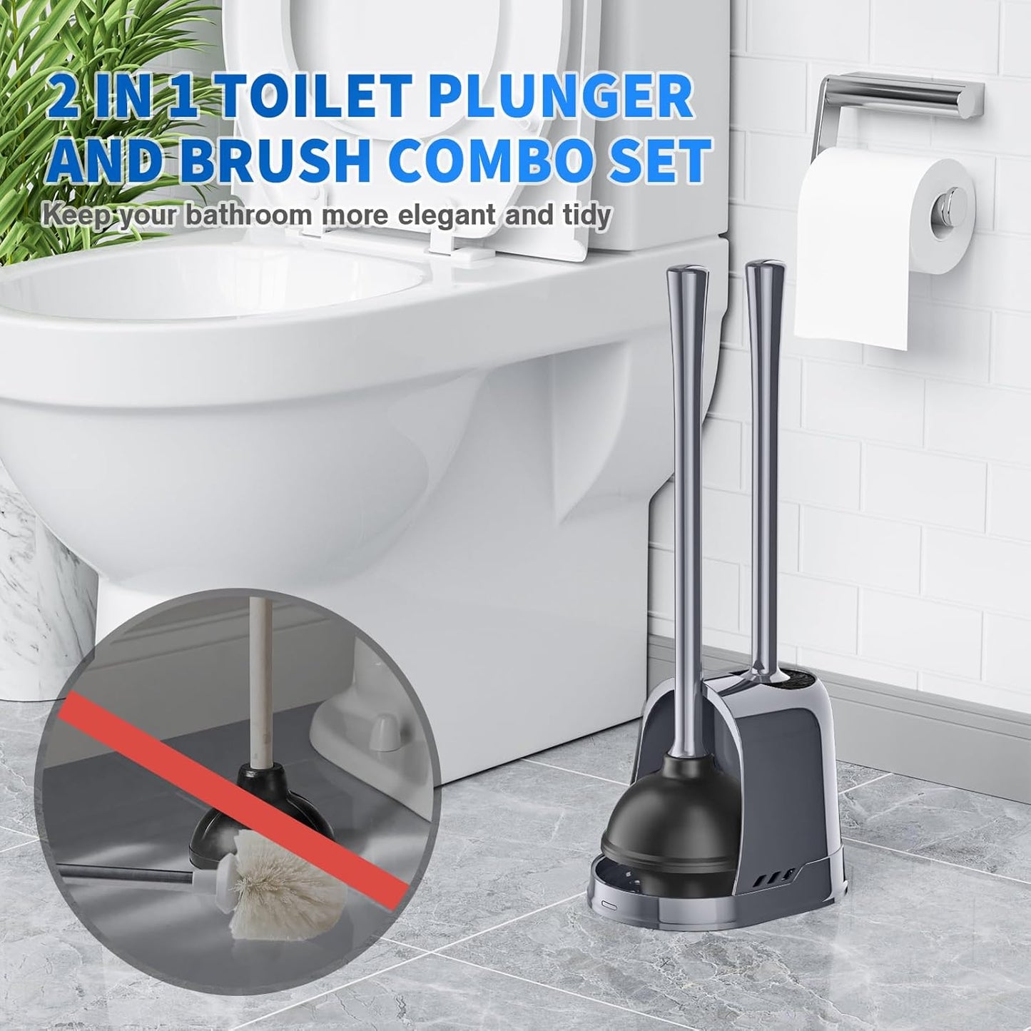 Dluxe Ave. Toilet Plunger and Brush Silicone Bowl Brush and Heavy Duty Toilet Plunger Set with Ventilated Holder 2-in-1 Toilet Brush and Plunger Combo for Bathroom Cleaning (Gray 1 Set)