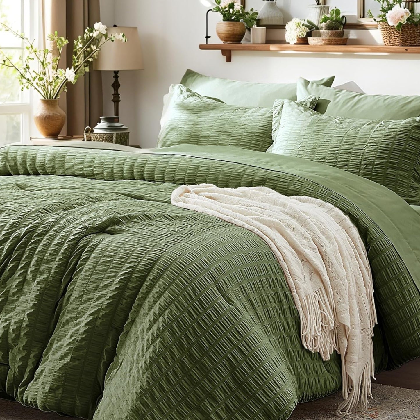 Dluxe Ave. ( FULL ) 7 Pcs Comforter Set/ Seersucker Bed in a Bag/ Olive Green