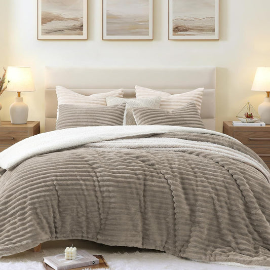 Dluxe Ave. ( QUEEN ) 3 Pcs Comforter Set.Ultra-Soft Sherpa Fleece/ Taupe
