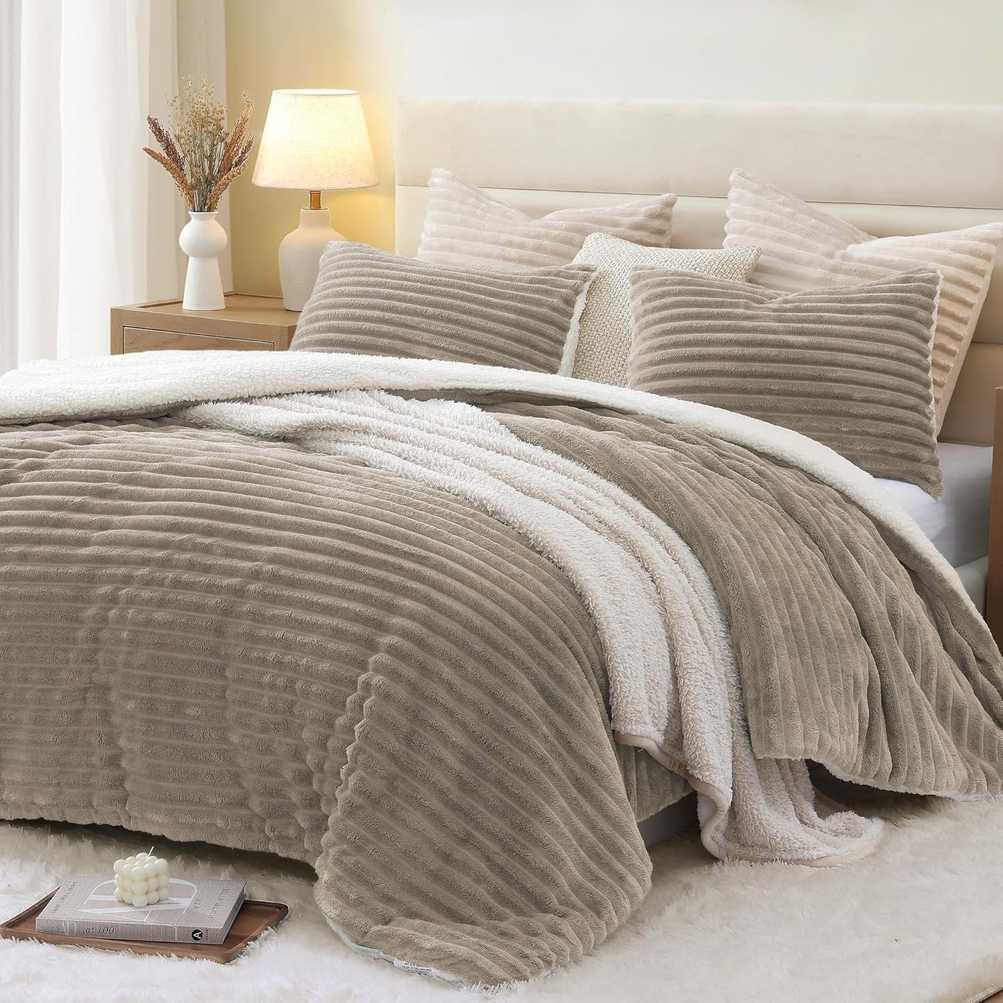 Dluxe Ave. ( QUEEN ) 3 Pcs Comforter Set.Ultra-Soft Sherpa Fleece/ Taupe