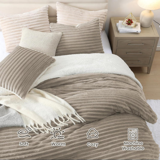 Dluxe Ave. ( QUEEN ) 3 Pcs Comforter Set.Ultra-Soft Sherpa Fleece/ Taupe