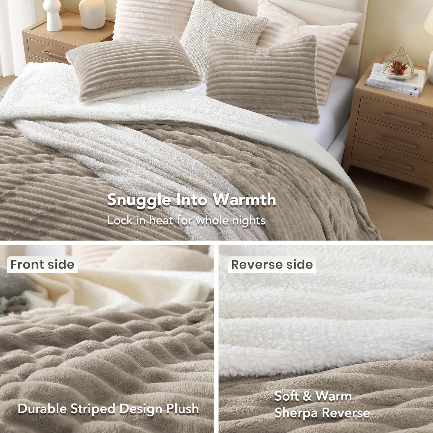 Dluxe Ave. ( QUEEN ) 3 Pcs Comforter Set.Ultra-Soft Sherpa Fleece/ Taupe