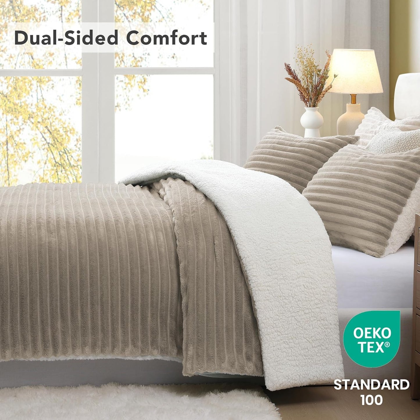 Dluxe Ave. ( QUEEN ) 3 Pcs Comforter Set.Ultra-Soft Sherpa Fleece/ Taupe