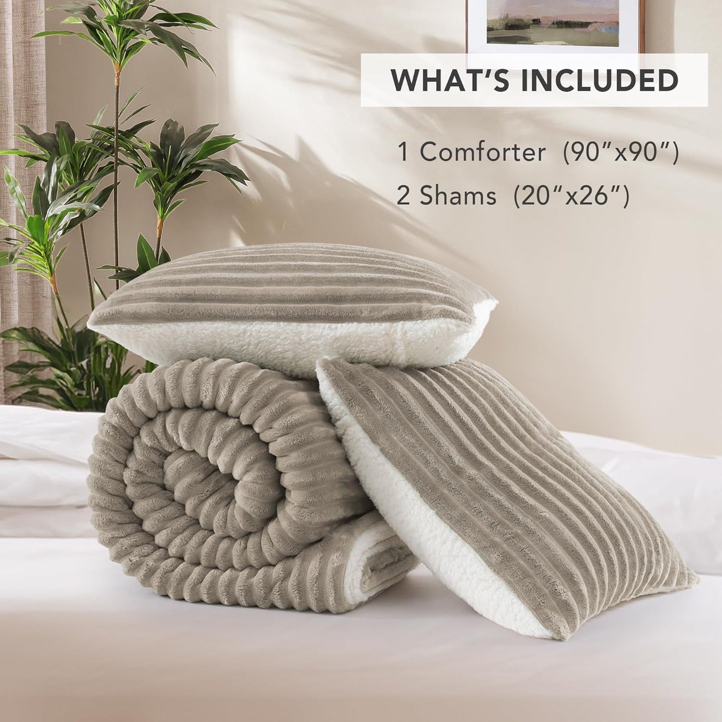 Dluxe Ave. ( QUEEN ) 3 Pcs Comforter Set.Ultra-Soft Sherpa Fleece/ Taupe