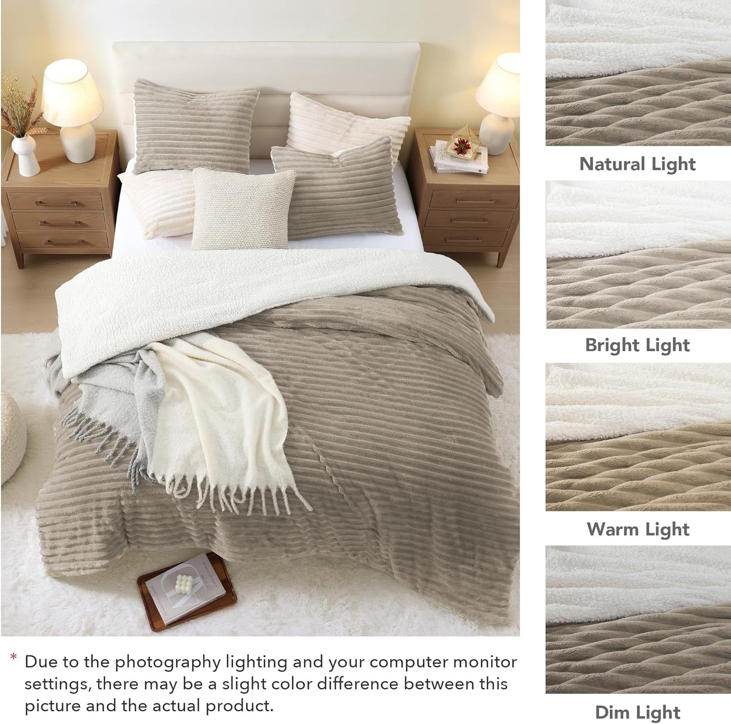 Dluxe Ave. ( QUEEN ) 3 Pcs Comforter Set.Ultra-Soft Sherpa Fleece/ Taupe