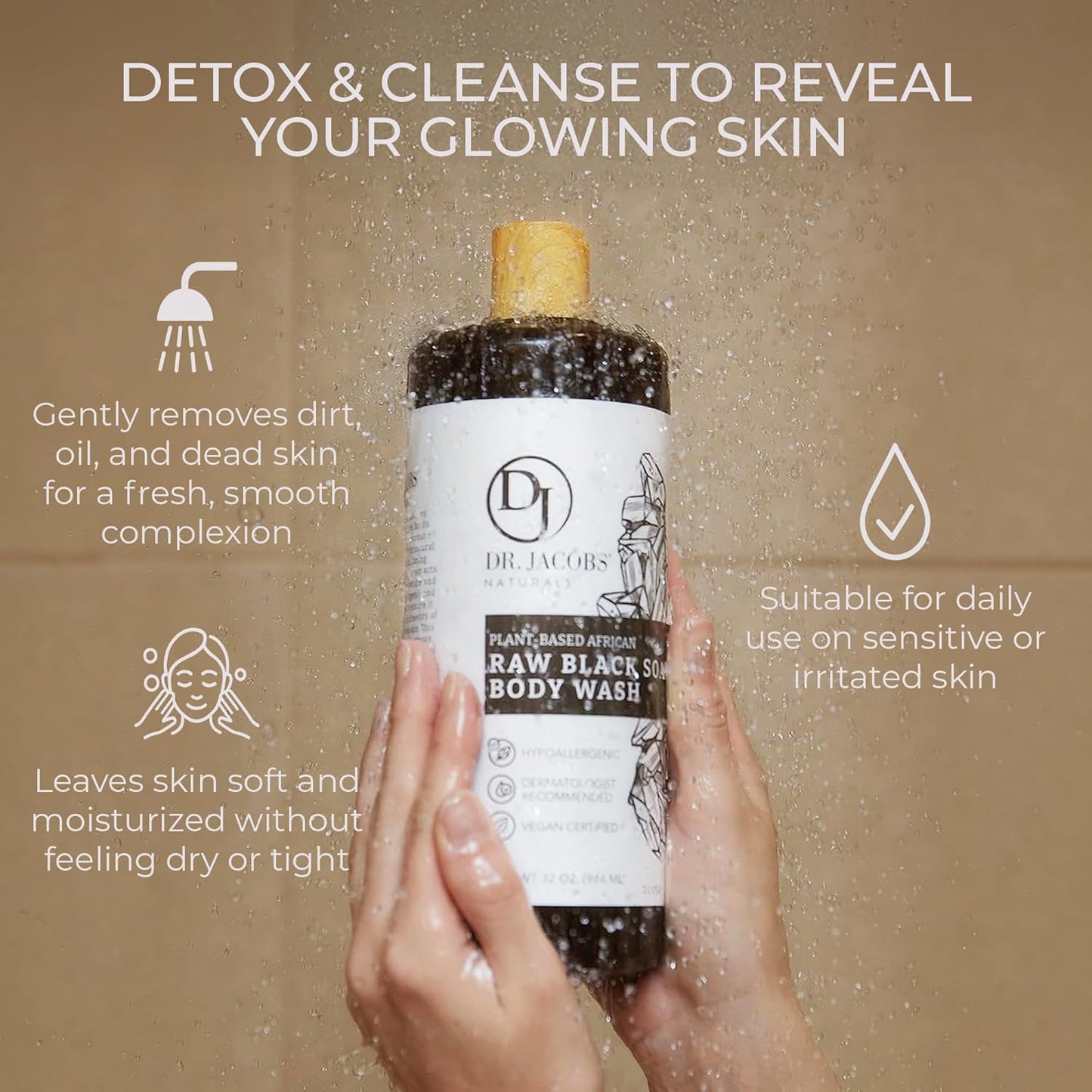 Dluxe Ave. Dr Jacobs Naturals Authentic African Raw Black Soap All-In-One Cleanser for Face Wash Sensitive Skin Body Wash Shampoo Shaving Soap 32oz 2pk
