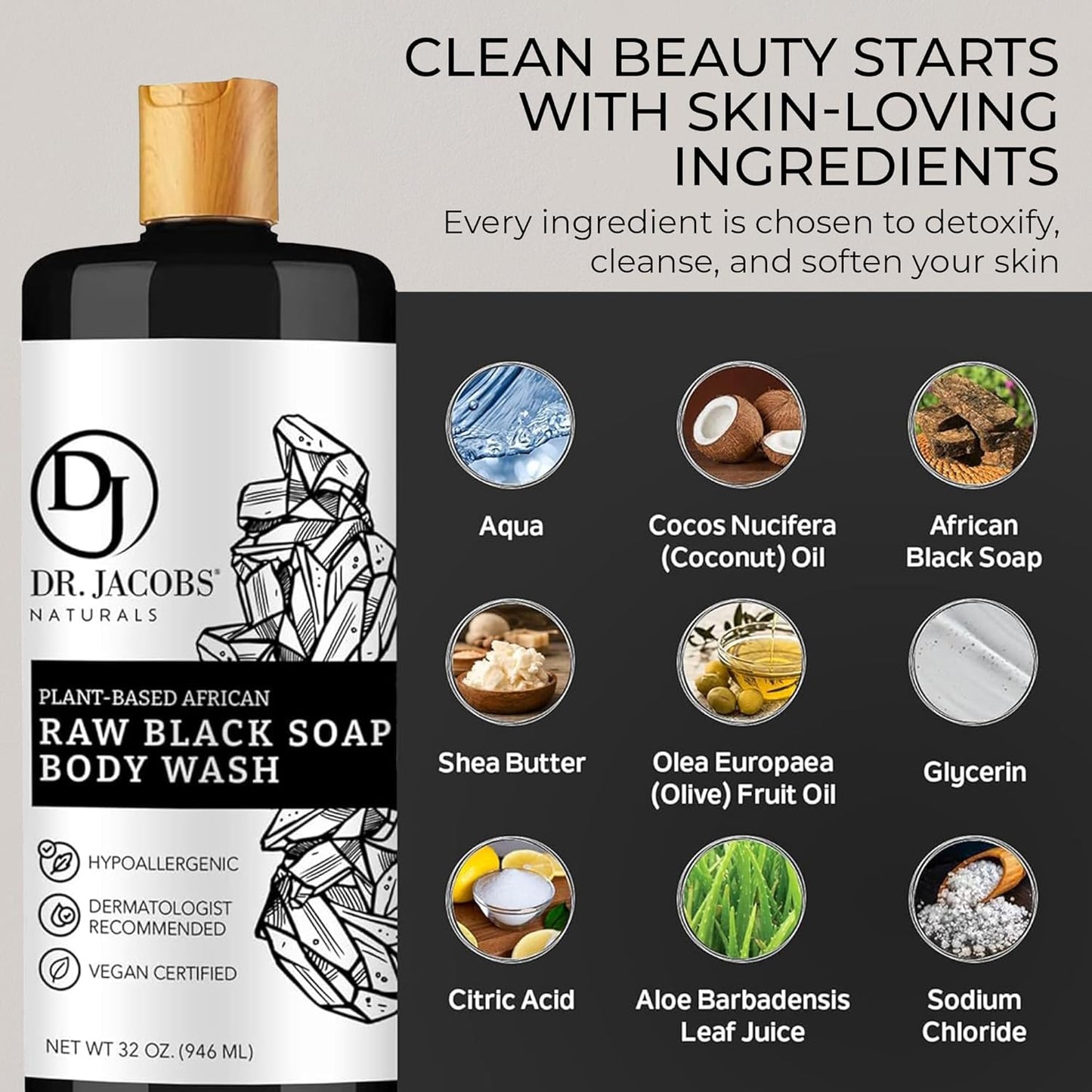 Dluxe Ave. Dr Jacobs Naturals Authentic African Raw Black Soap All-In-One Cleanser for Face Wash Sensitive Skin Body Wash Shampoo Shaving Soap 32oz 2pk
