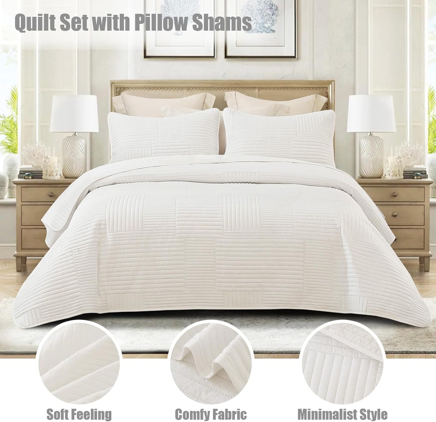 Dluxe Ave. ( KING ) 3 Pcs Ultra Soft Quilt Bedding Set/Lightweight Bedspreads for All Seasons/ White