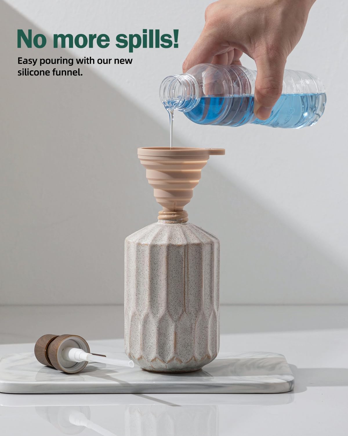 Dluxe Ave. 16 Oz Luxurious Hand soap Dispenser for Bathroom / Ceramic, with Plastic Pump (Wooden Color Pump)