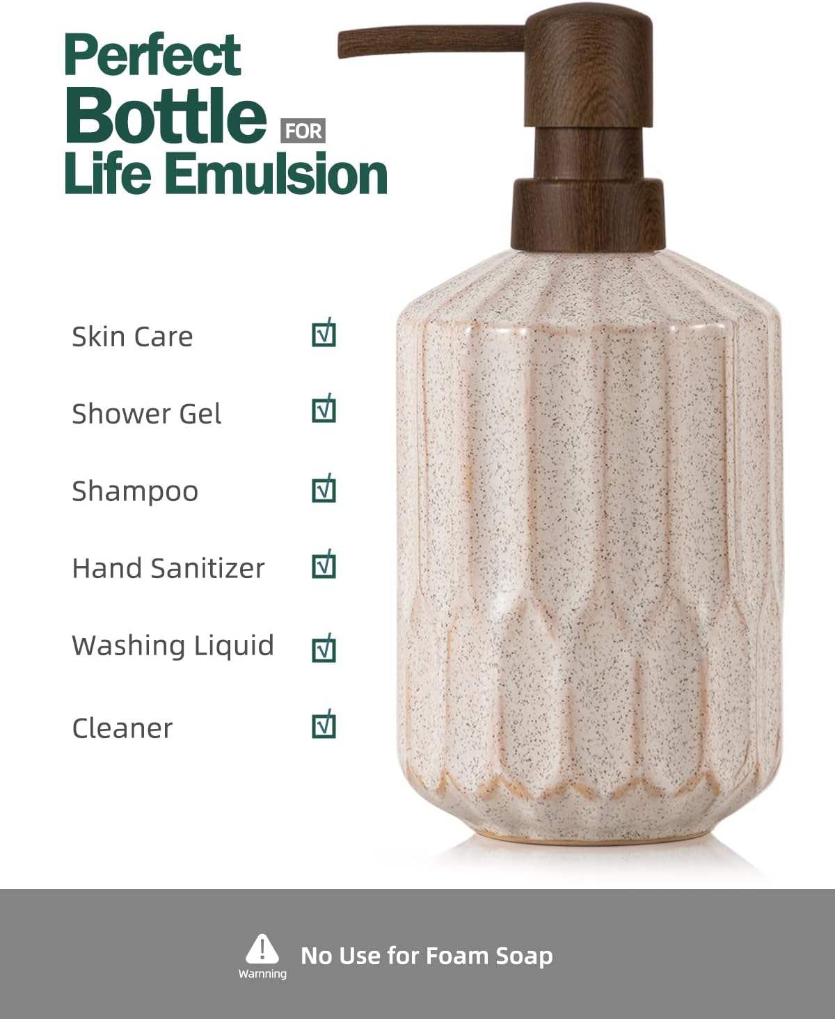 Dluxe Ave. 16 Oz Luxurious Hand soap Dispenser for Bathroom / Ceramic, with Plastic Pump (Wooden Color Pump)