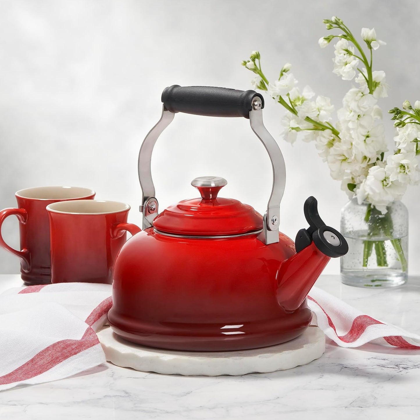 Dluxe Ave. ( Limited Edition)  Enamel On Steel Whistling Tea Kettle with Metal Finishes 1.7 qt. Cerise
