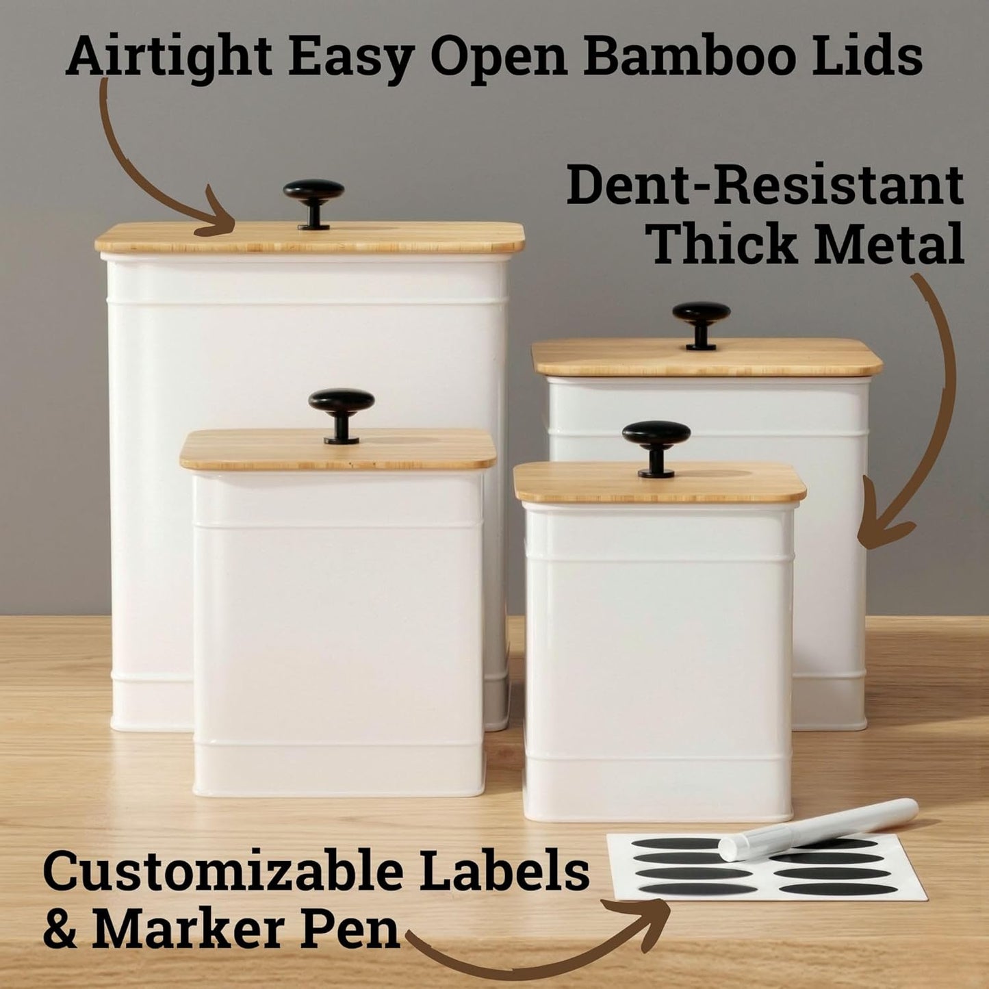 Dluxe Ave. Kitchen Canisters for Countertop Set of 4 with Customizable Chalkboard Labels & Marker Pen - Big Iron Kitchen Canisters with Airtight Lids - Canisters Sets for the Kitchen - White Kitchen Canister Set