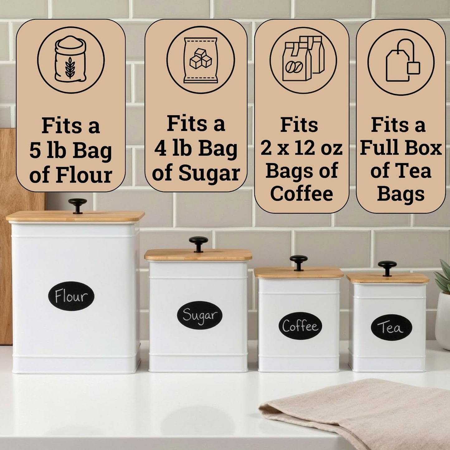 Dluxe Ave. Kitchen Canisters for Countertop Set of 4 with Customizable Chalkboard Labels & Marker Pen - Big Iron Kitchen Canisters with Airtight Lids - Canisters Sets for the Kitchen - White Kitchen Canister Set