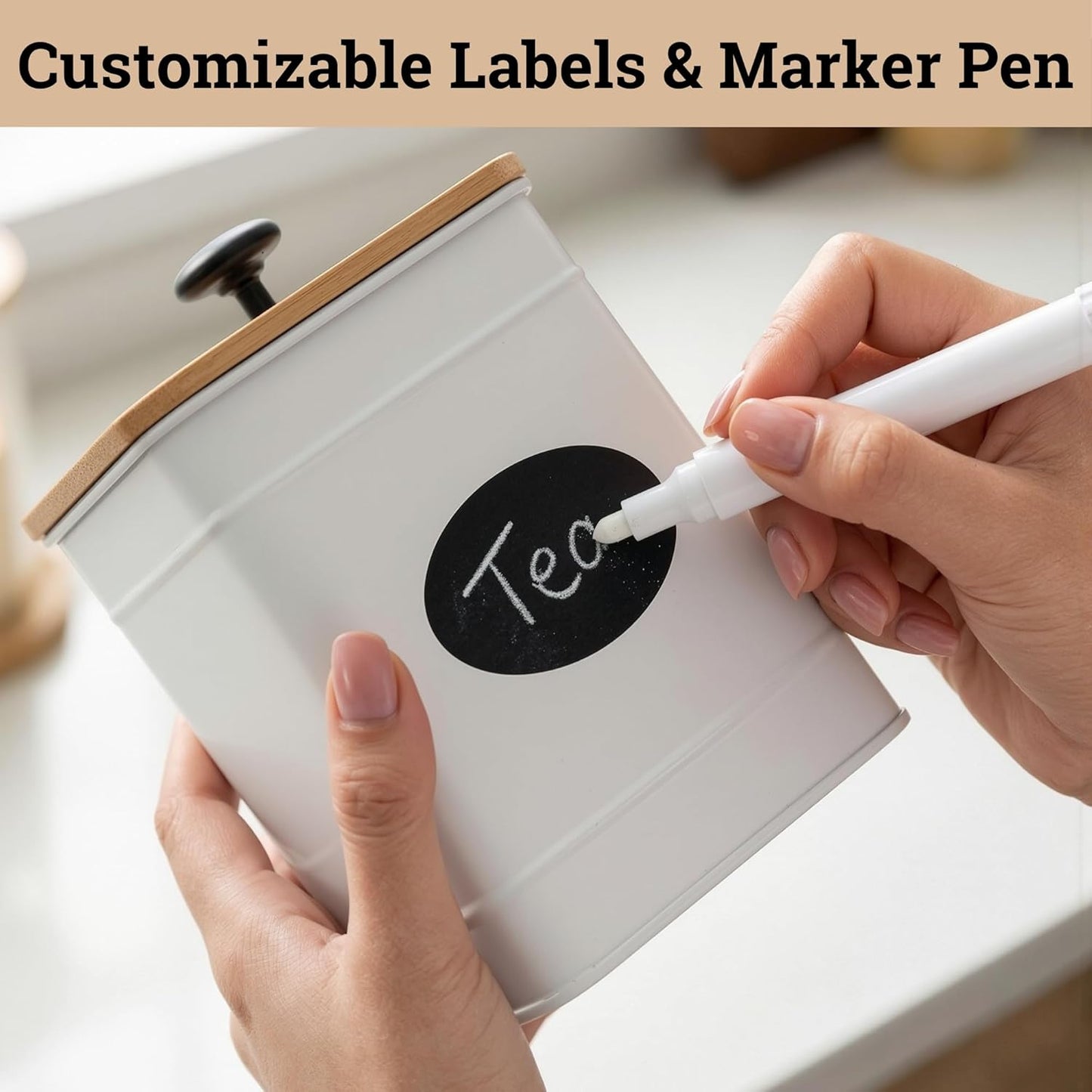 Dluxe Ave. Kitchen Canisters for Countertop Set of 4 with Customizable Chalkboard Labels & Marker Pen - Big Iron Kitchen Canisters with Airtight Lids - Canisters Sets for the Kitchen - White Kitchen Canister Set