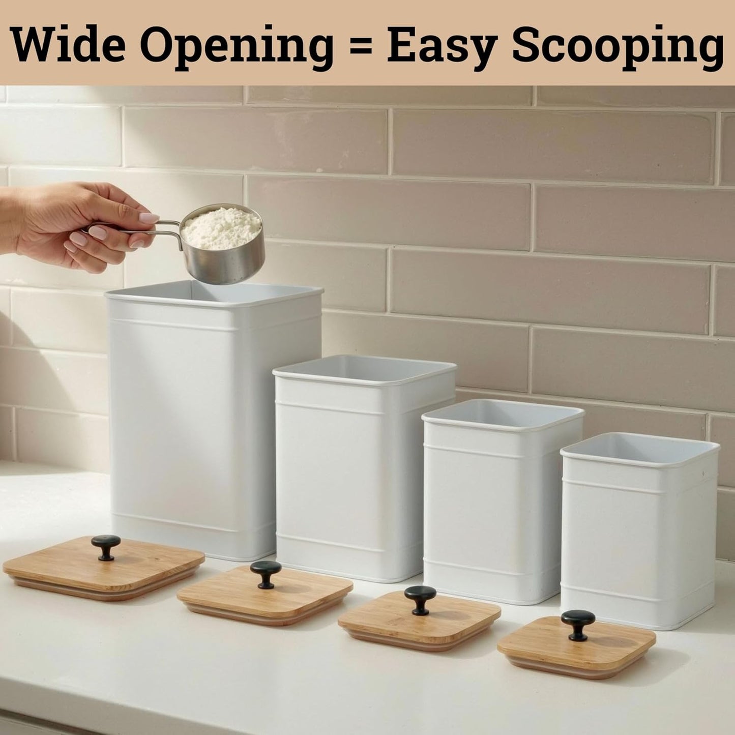 Dluxe Ave. Kitchen Canisters for Countertop Set of 4 with Customizable Chalkboard Labels & Marker Pen - Big Iron Kitchen Canisters with Airtight Lids - Canisters Sets for the Kitchen - White Kitchen Canister Set