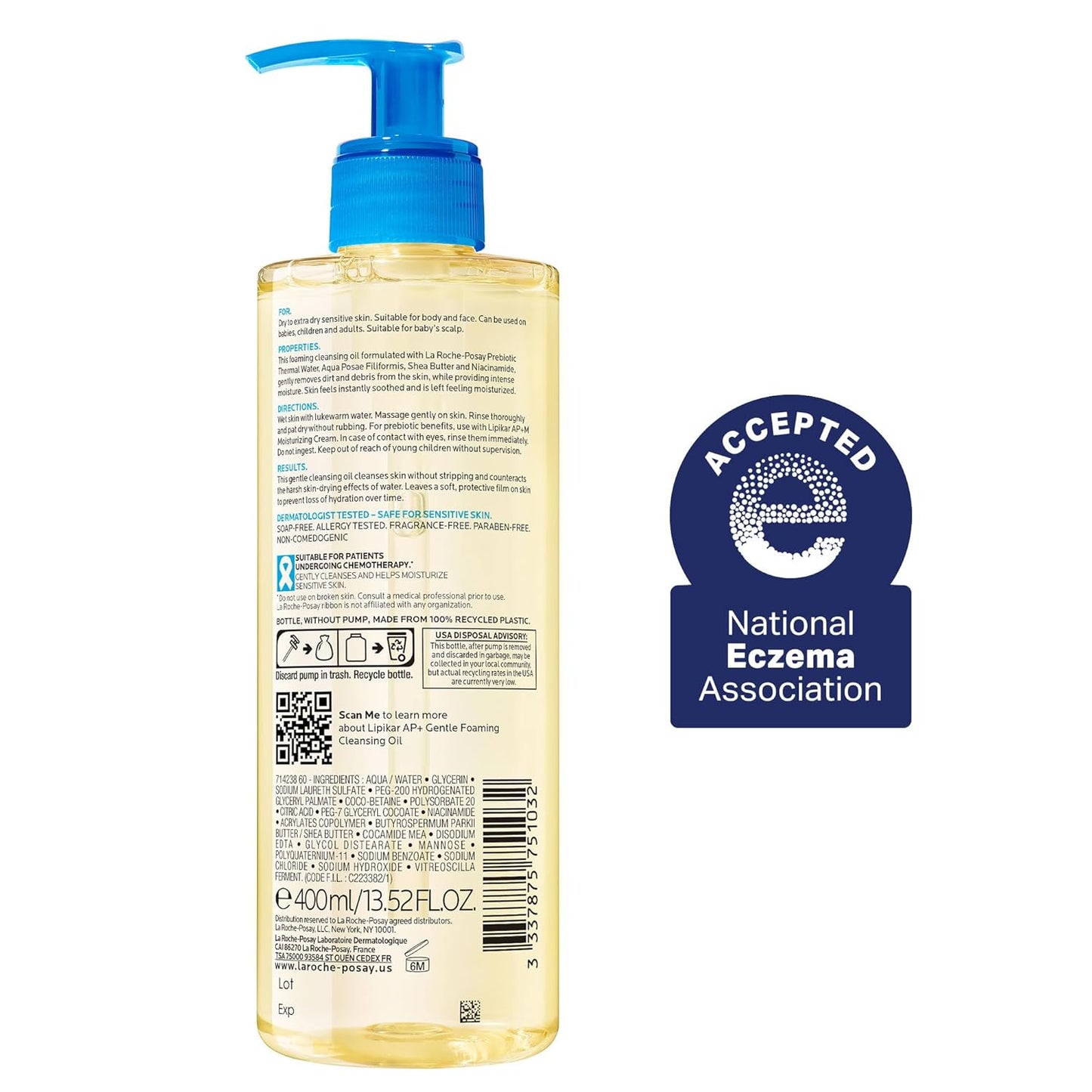 Dluxe Ave. La Roche-Posay Lipikar AP+ Gentle Foaming Cleansing Oil Gentle Oil Cleanser for Face and Body Formulated with Niacinamide Long-Lasting 24-hour Hydration Fragrance-Free & Soap Free