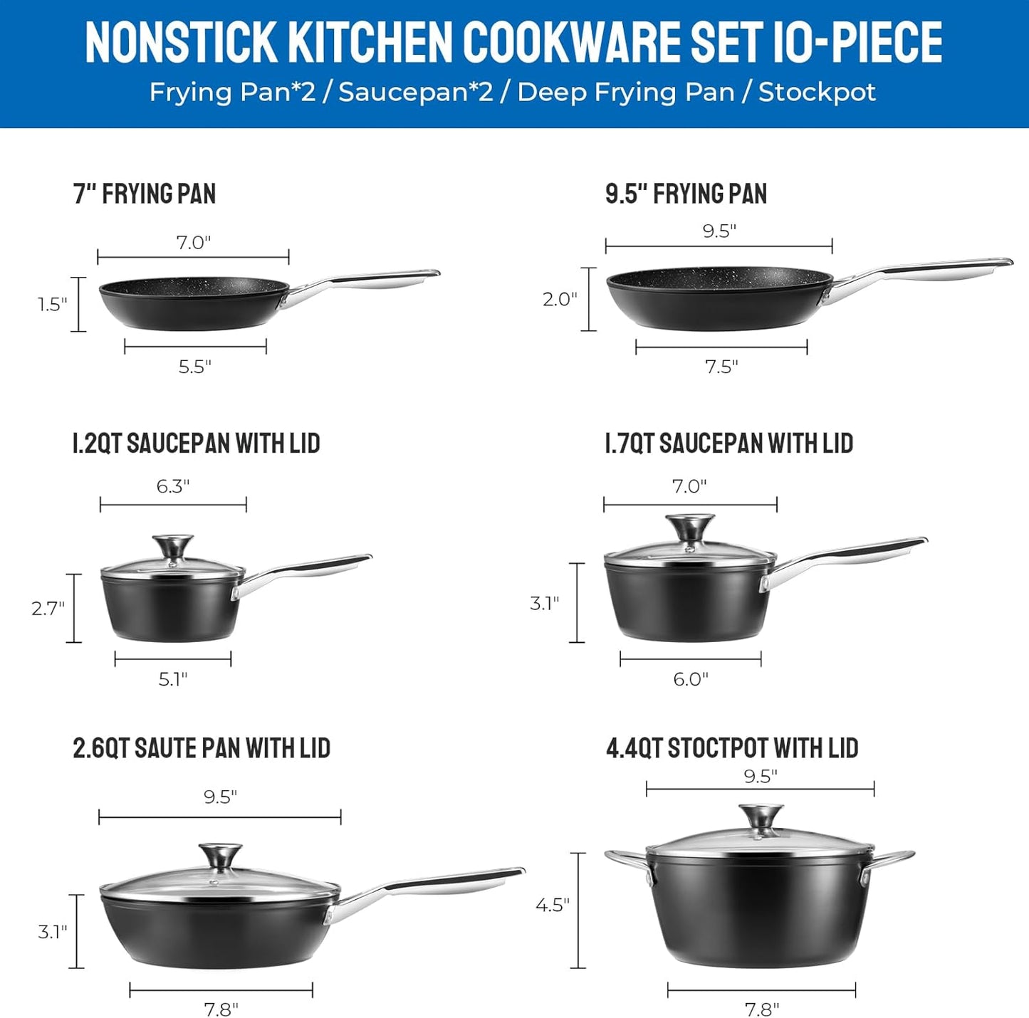 Dluxe Ave. Induction Cookware / Nonstick Pots and Pans 10-Piece Set (Black)