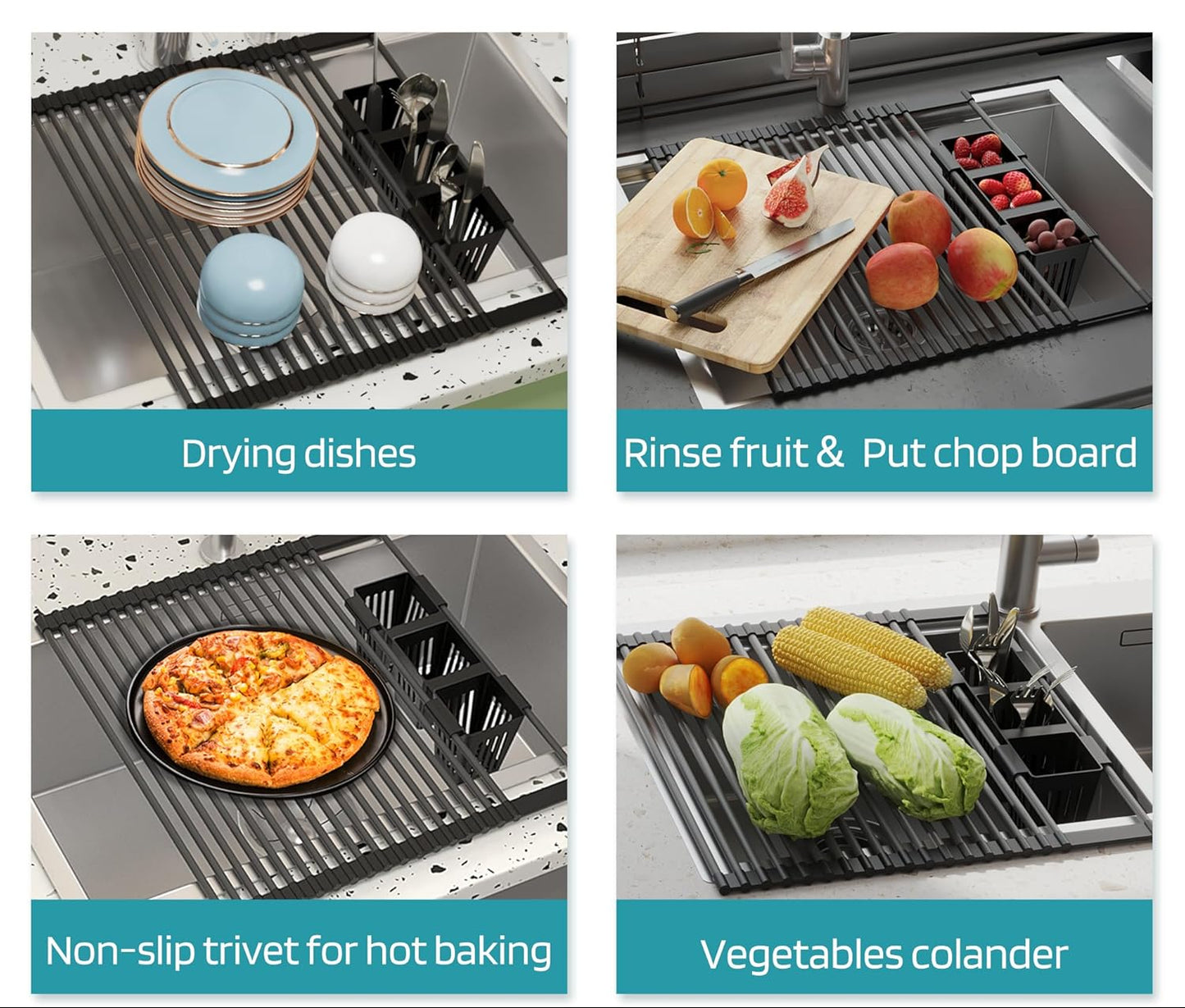 Dluxe Ave. Roll Up Dish Drying Rack Silicone (Black) 17.3" x 17.6"