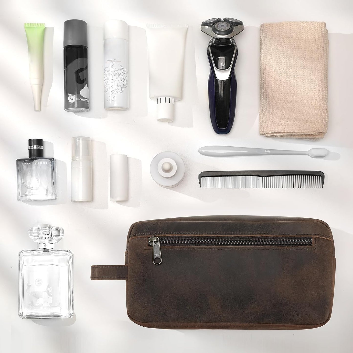 Dluxe Ave. Leather Travel Toiletry Bag for Men/ Full Grain Leather / Black Coffee