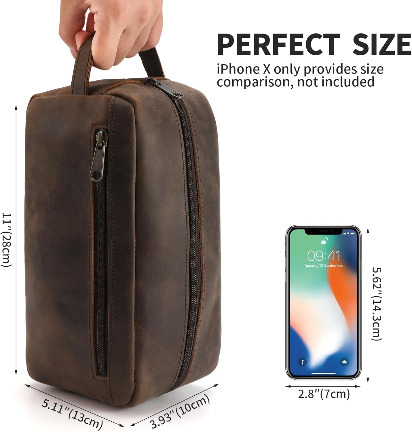 Dluxe Ave. Leather Travel Toiletry Bag for Men/ Full Grain Leather / Black Coffee