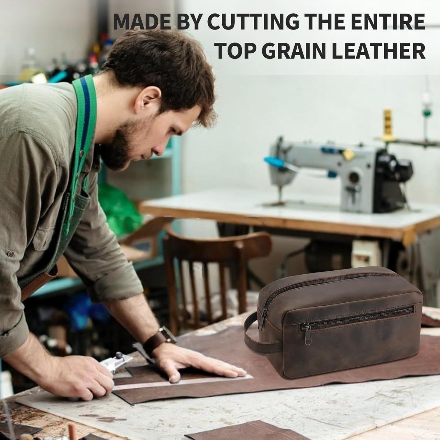 Dluxe Ave. Leather Travel Toiletry Bag for Men/ Full Grain Leather / Black Coffee