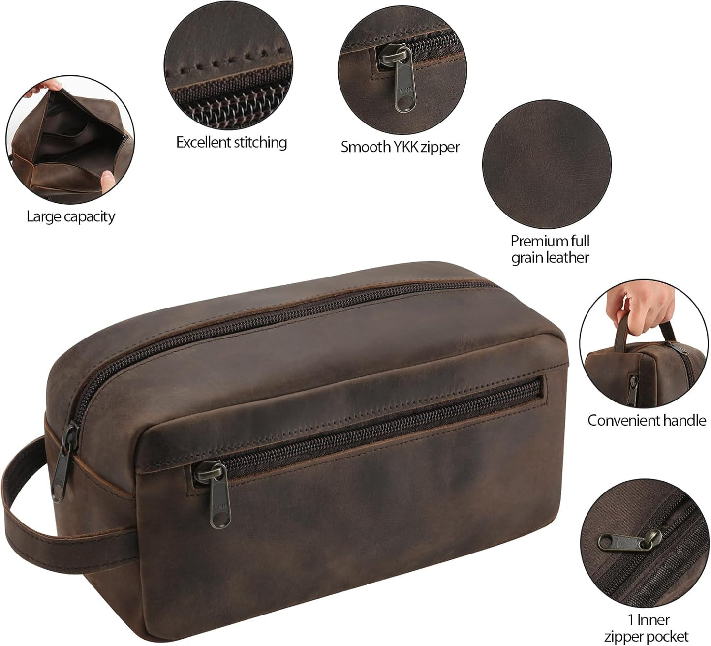 Dluxe Ave. Leather Travel Toiletry Bag for Men/ Full Grain Leather / Black Coffee