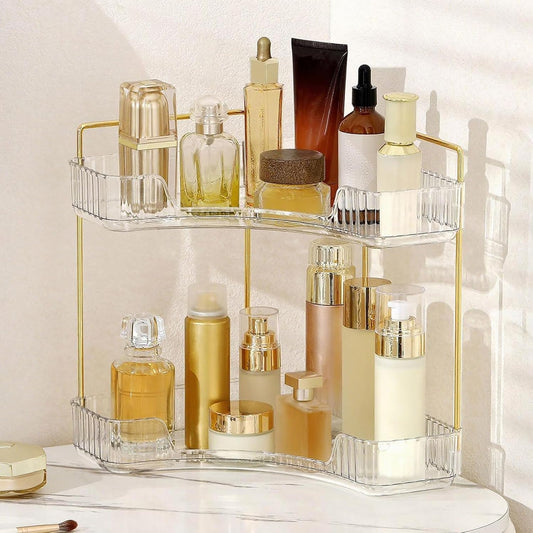 Dluxe Ave. YCIA&DONE Corner Counter Bathroom Organizer Countertop 2 Tiers Cosmetic Perfume Tray Vanity Organizer for Makeup Skincare Clear Corner Rack Bathroom Organizers and Storage(Clear White)