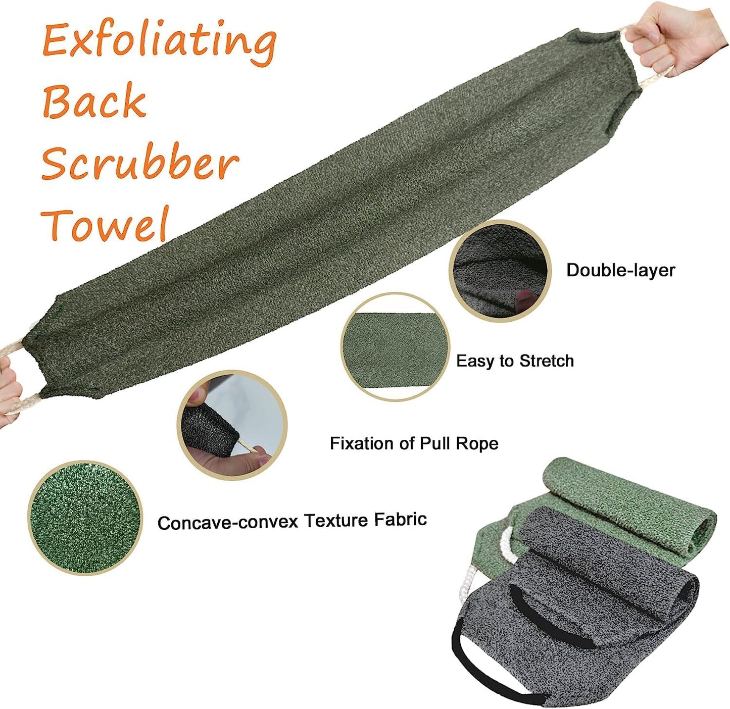 Dluxe Ave. Evohyah Scrubber Back for Shower Extended Length Scrubber Towel Exfoliating Washcloth Body Scrub Sponge Shower Loofah with Handle for Women Men Deep Clean Body Skin Massages (Gray&green2)
