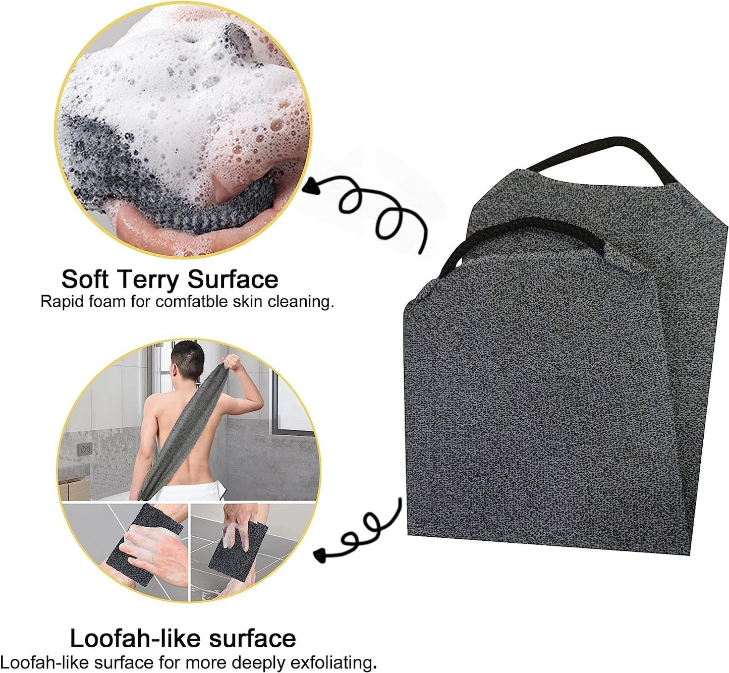 Dluxe Ave. Evohyah Scrubber Back for Shower Extended Length Scrubber Towel Exfoliating Washcloth Body Scrub Sponge Shower Loofah with Handle for Women Men Deep Clean Body Skin Massages (Gray&green2)