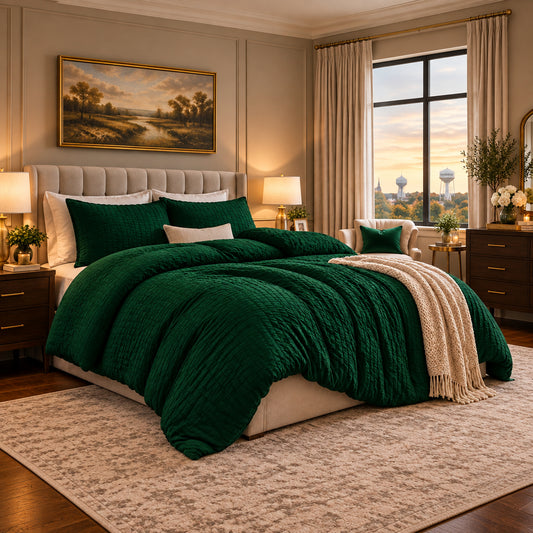 Dluxe Ave. (KING) 3 Pcs Comforter Set, Boho Vintage Seersucker Forest Bedding/ Dark Emerald Green