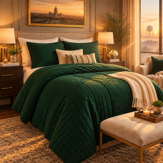 Dluxe Ave. (KING) 3 Pcs Comforter Set, Boho Vintage Seersucker Forest Bedding/ Dark Emerald Green