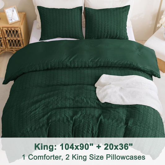 Dluxe Ave. ( KING ) 3 Pcs Comforter Set, Boho Vintage Seersucker Forest Bedding, for All Season Dark Emerald Green