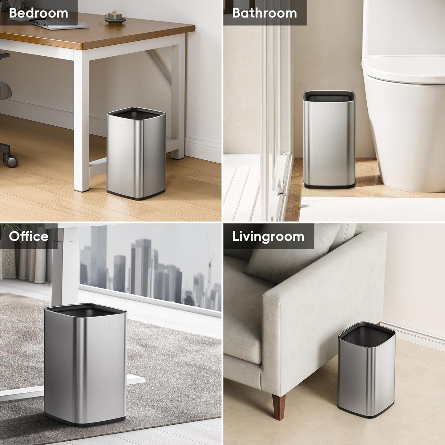 Dluxe Ave. EKO 2-Pack Stainless Steel Open Top Trash Can with Removable Inner Basket Square Small Garbage Can 1.8 + 3.2 Gallon Wastebasket Combo Trashcan for Kitchen Bathroom Office Home