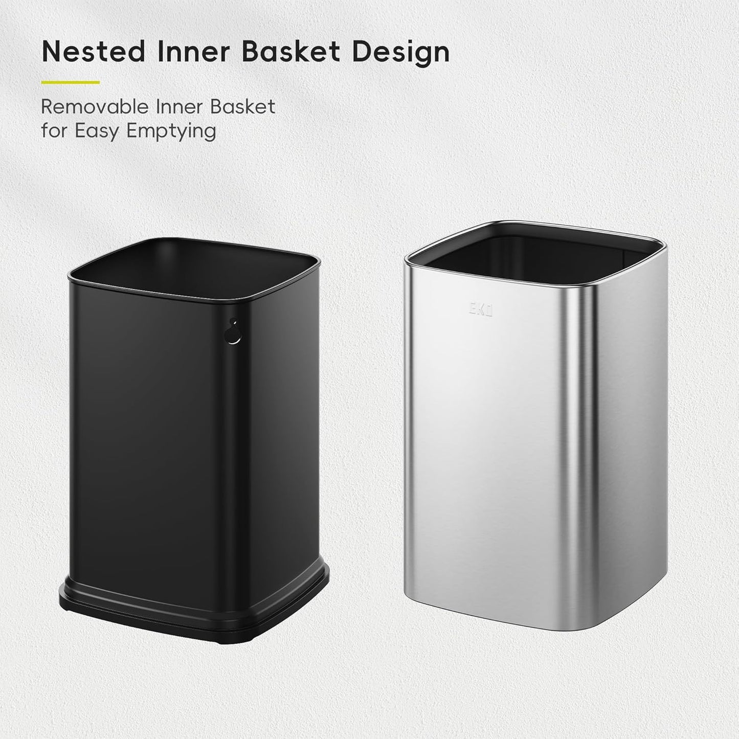 Dluxe Ave. EKO 2-Pack Stainless Steel Open Top Trash Can with Removable Inner Basket Square Small Garbage Can 1.8 + 3.2 Gallon Wastebasket Combo Trashcan for Kitchen Bathroom Office Home