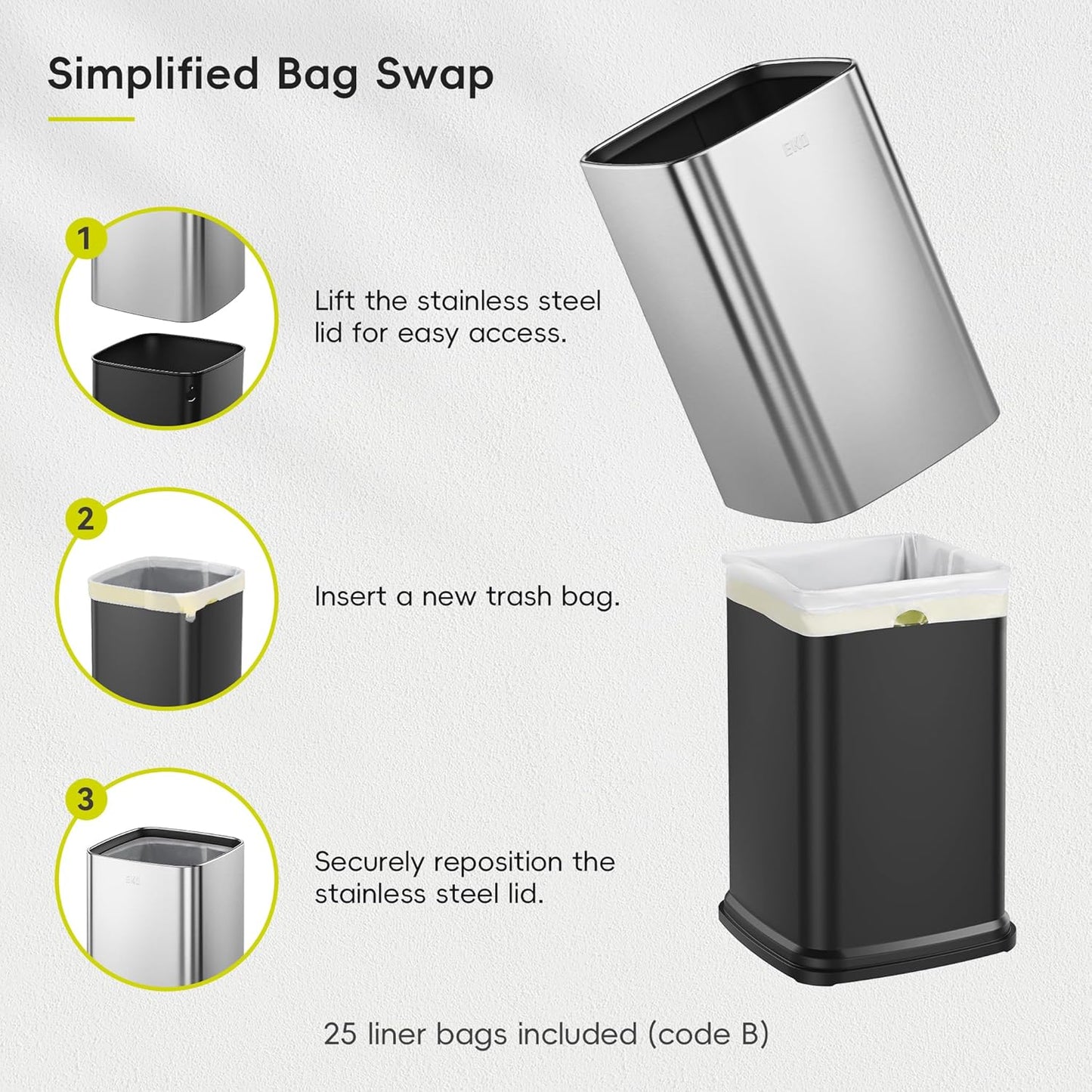 Dluxe Ave. EKO 2-Pack Stainless Steel Open Top Trash Can with Removable Inner Basket Square Small Garbage Can 1.8 + 3.2 Gallon Wastebasket Combo Trashcan for Kitchen Bathroom Office Home