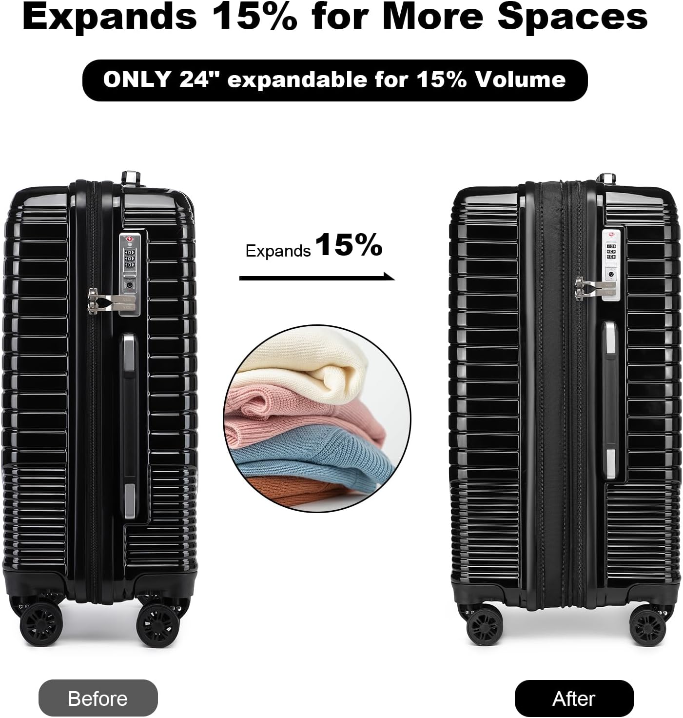 Dluxe Ave. 3 Piece Luggage Sets with a Cosmetic Case Expandable/ PC Lightweight/ Spinning Wheels/ TSA Lock (Black)