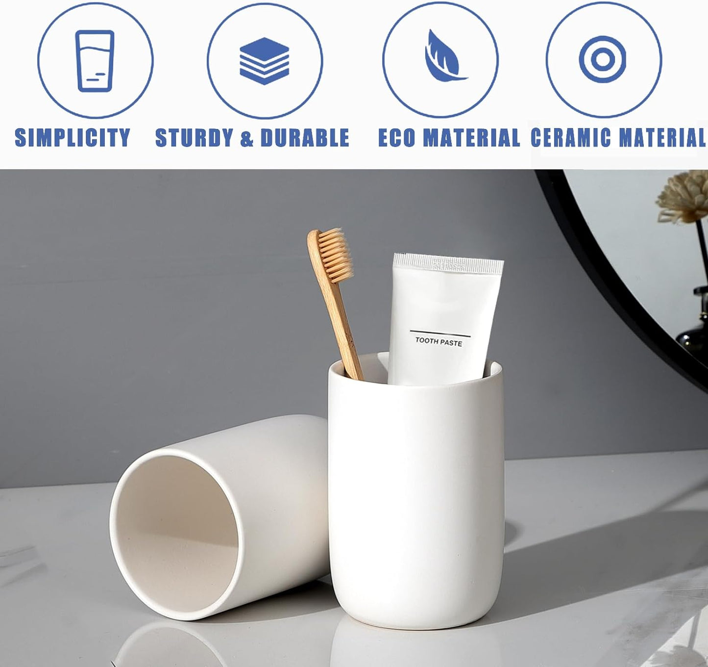 Dluxe Ave. Toothbrush Holders for Bathrooms - 2 Cups Ceramic Toothbrush Toothpaste Holders Set White Bathroom Tumbler Cups Reusable Toothbrush Mouthwash Cup Bathroom Counter Organizer.