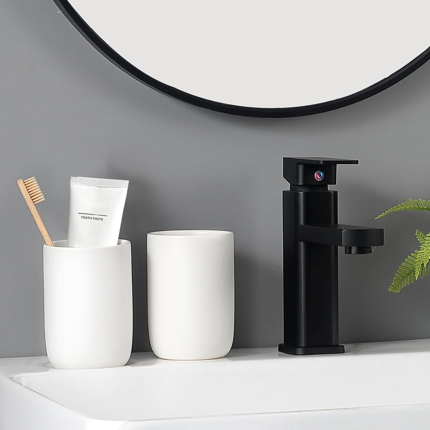 Dluxe Ave. Toothbrush Holders for Bathrooms - 2 Cups Ceramic Toothbrush Toothpaste Holders Set White Bathroom Tumbler Cups Reusable Toothbrush Mouthwash Cup Bathroom Counter Organizer.