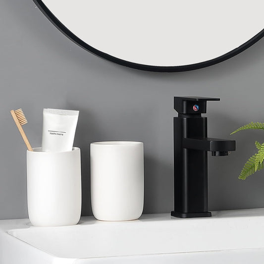 Dluxe Ave. Toothbrush Holders for Bathrooms - 2 Cups Ceramic Toothbrush Toothpaste Holders Set White Bathroom Tumbler Cups Reusable Toothbrush Mouthwash Cup Bathroom Counter Organizer.