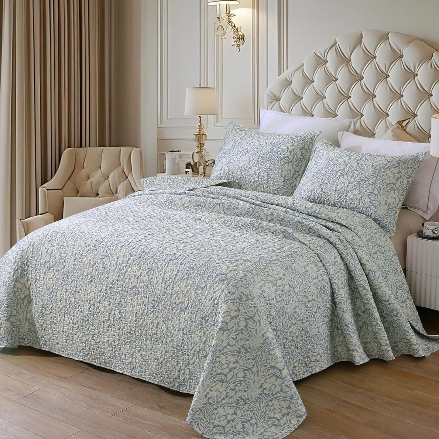 Dluxe Ave. (CALIFORNIA KING) Bluish Grey Botanical Quilt Set 3Pcs for All Season (112x104)