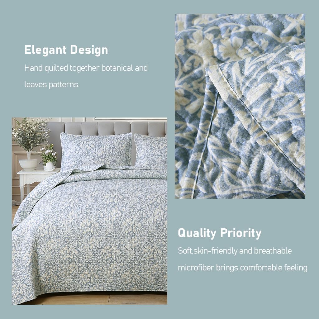 Dluxe Ave. (CALIFORNIA KING) Bluish Grey Botanical Quilt Set 3Pcs for All Season (112x104)