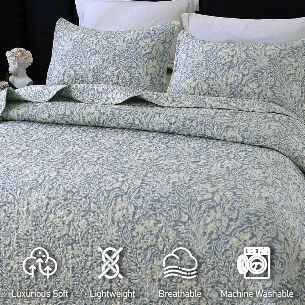 Dluxe Ave. (CALIFORNIA KING) Bluish Grey Botanical Quilt Set 3Pcs for All Season (112x104)