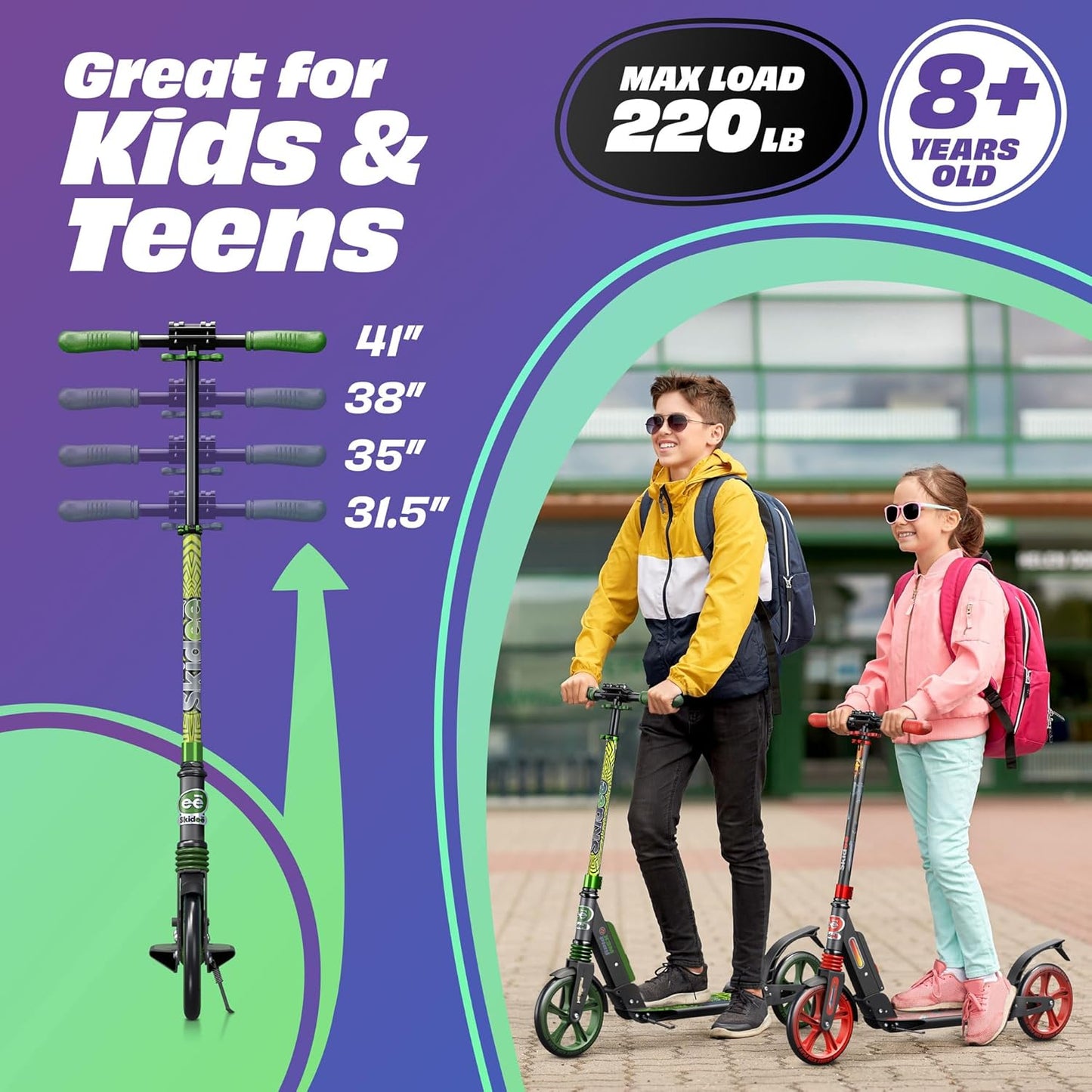 Dluxe Ave. SKIDEE Scooter for Kids Ages 6-12 -Scooters for Teens 12 Years and Up-Adult Scooter with Anti-Shock Suspension -Scooter for Kids 8 Years and Up with 4 Adjustment Levels Handlebar Up to 41 Inches High
